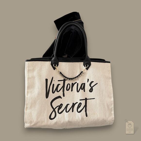 Victoria's Secret Handbags - Victoria's Secret 2017 Beige Canvas Tote | Script Logo & Chain